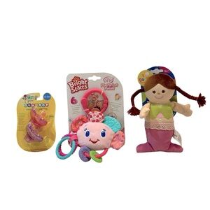 Infant Baby Teething Toys Set with Pacifier, Mermaid Plush,‎ & Flower Mirror Toy